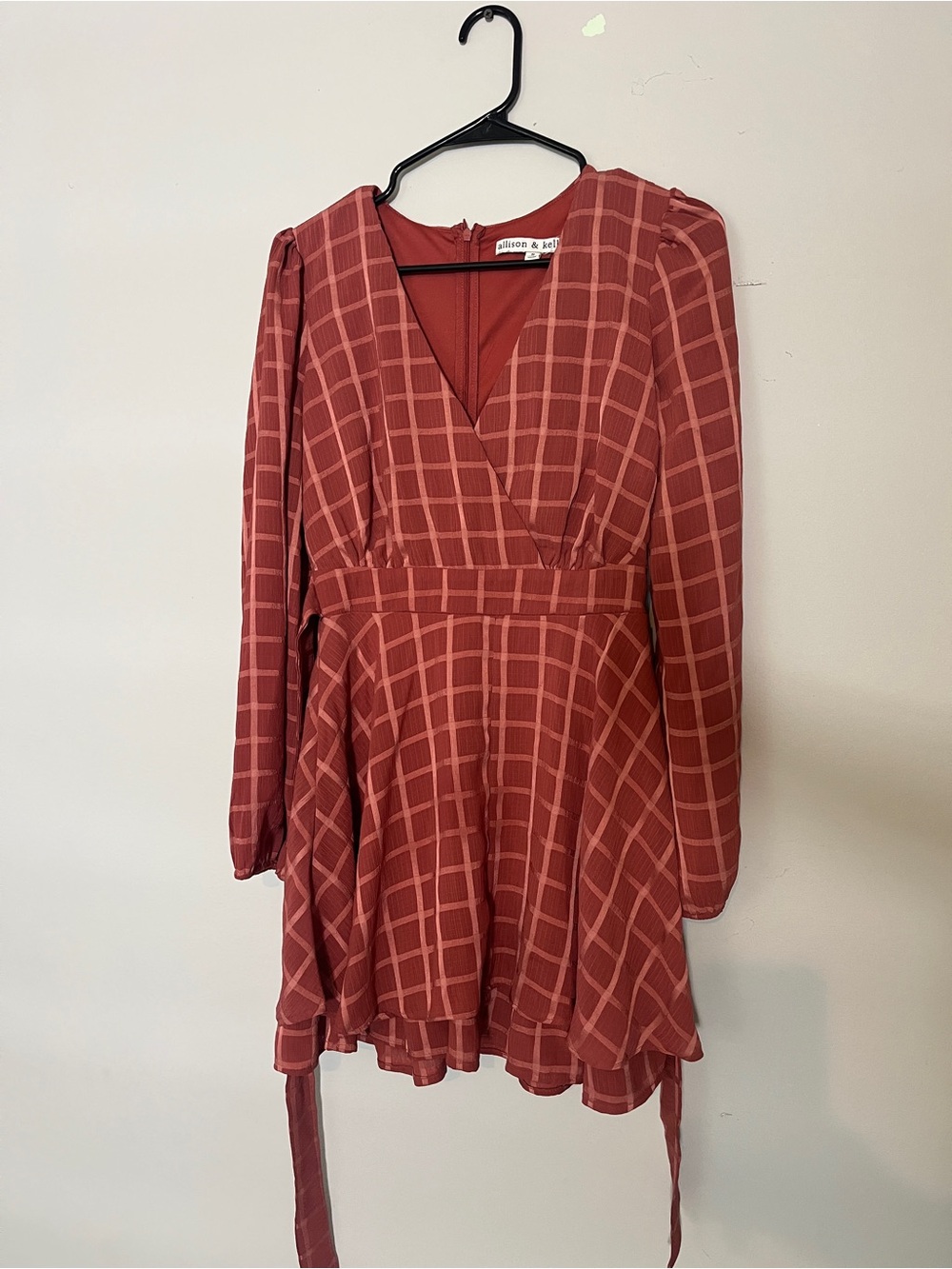 Button & Joy Rust Plaid Long Sleeve Wrap Dress